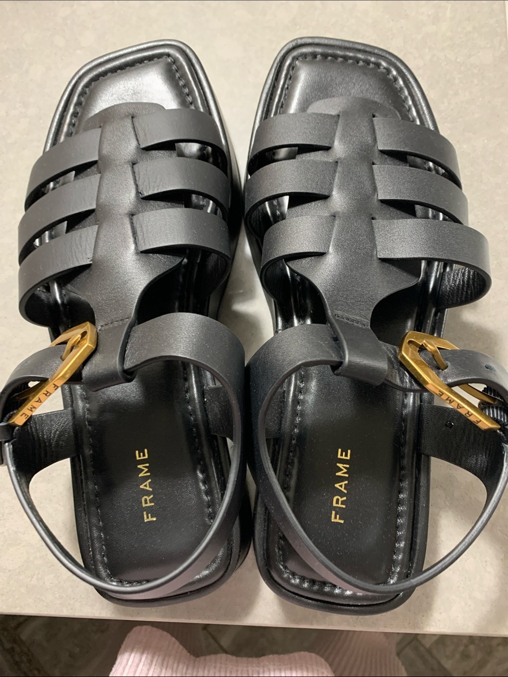 Frame Denim Black Leather Woven Strap Sandals with Gold Buckle